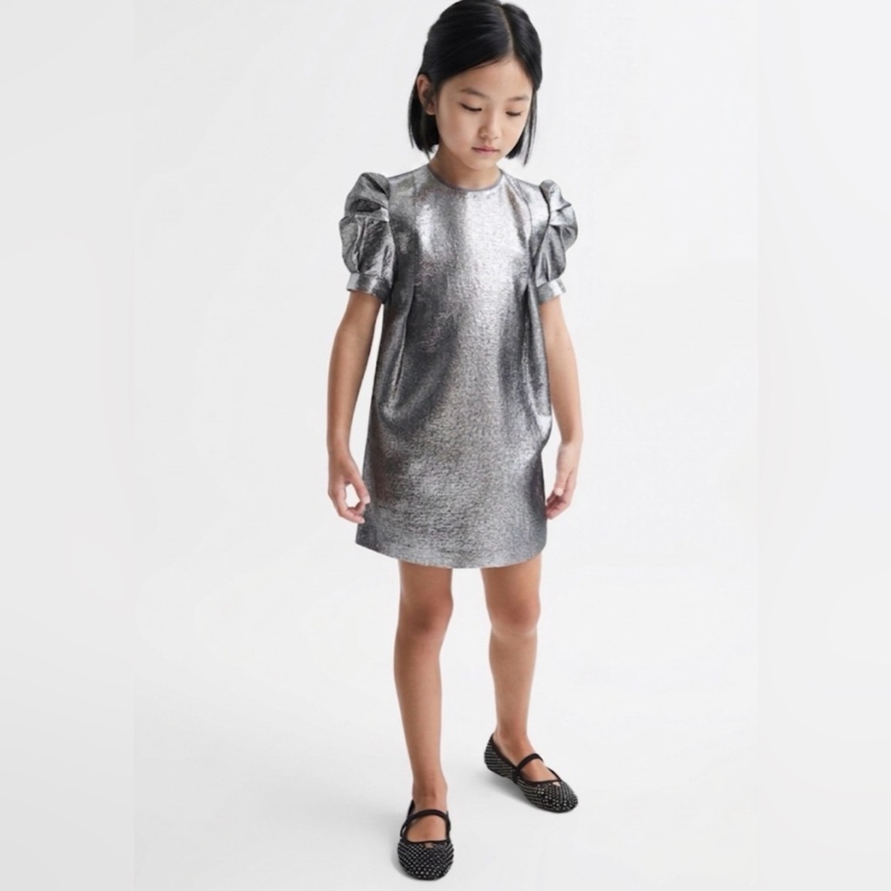 REISS - Girls Ellie Metallic silver puff short sleeves above the knee dress 7/ 8